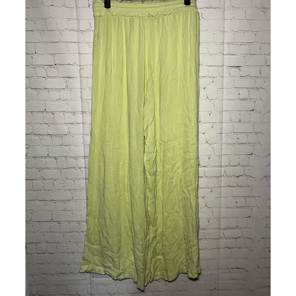 O'Neill Pants - ONeill Womens Lime Green Crinkle Gauze Wide Leg Beach Pants Large Fringe Trim LG